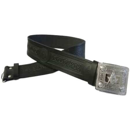 Black Leather Adjustable Kilt Belt with Celtic Buckle