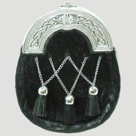 Chrome Plain Celtic Black Calfskin Sporran With Crossed Tassels
