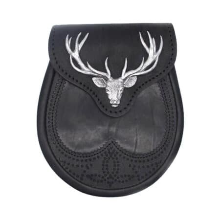 Black Stag Head Leather Sporran