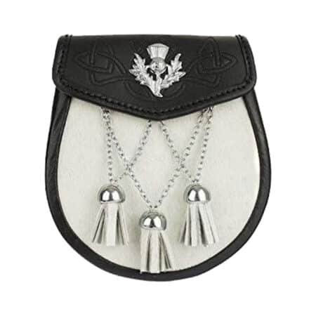 Semi Dress Sporran Black Embossed Leather & White Cowhide Thistle Emblem